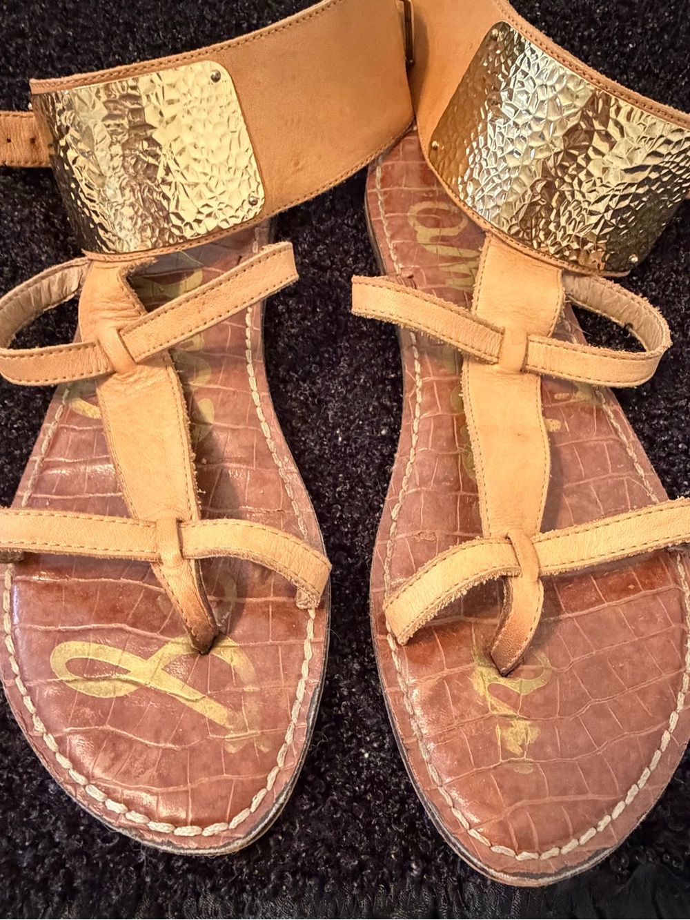 Sam Edelman Women's Tan Leather Gladiator Sandals with Gold Accent